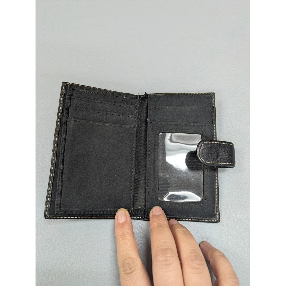 Black Genuine Leather Wallet Slim Card ID Holder‎ Fold over Snap Minimalist